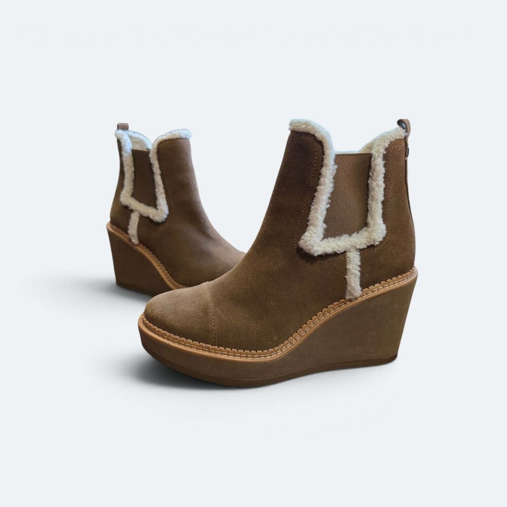 Sam Edelman Reagan Suede Wedge Boots Sherpa Trim Toffee Brown Ankle Booties 10